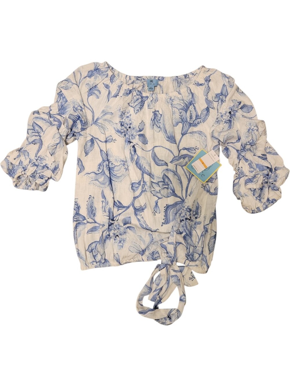 NWT CeCe Off Shoulder Floral Blouse Small Blue White Tie Front Elastic Hem Top